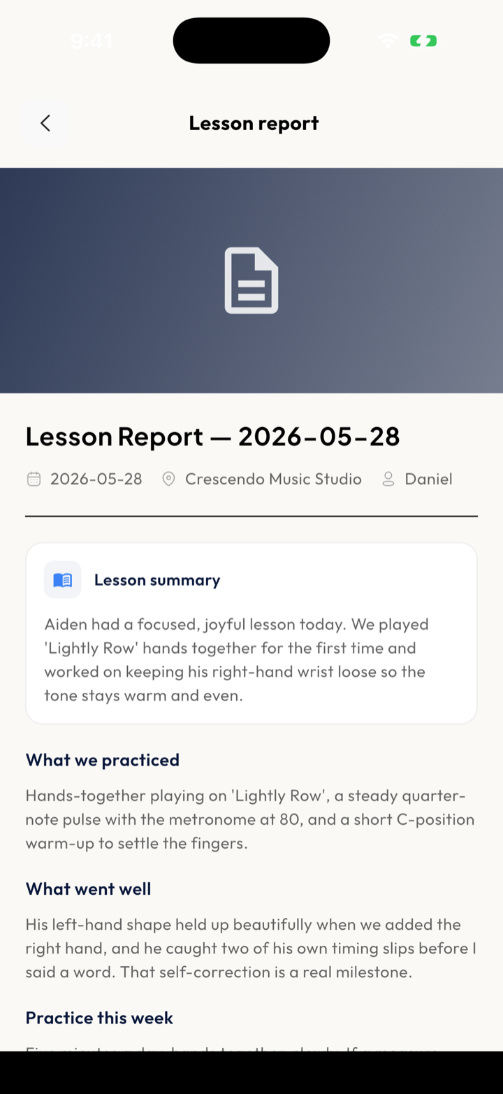 The finished lesson report a family receives